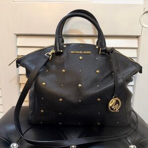 Michael Kors Black Pebbled Leather Satchel with Gold Studded Accents